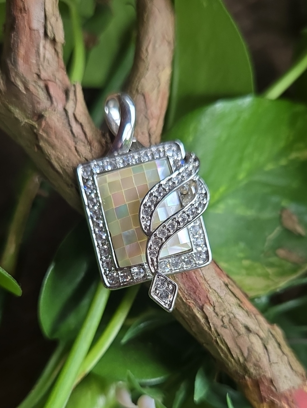 Silver Mosaic Mother-of-Pearl Square Pendant with Crystal Accent